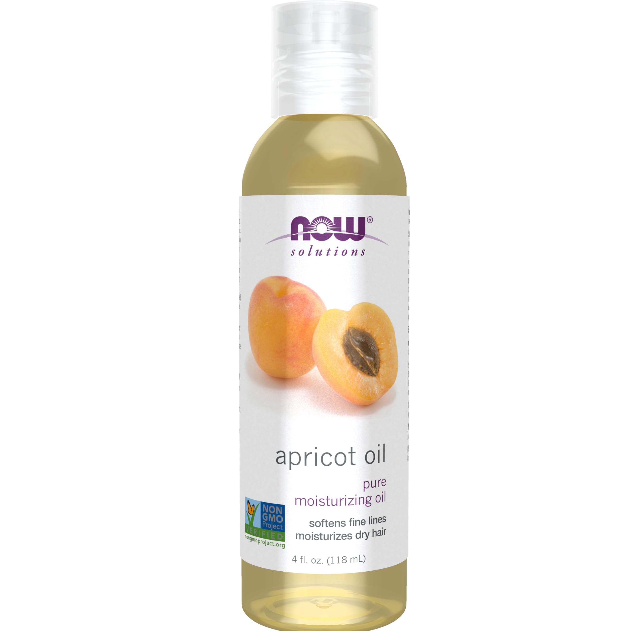 NOW Foods Apricot Kernel Oil bottle pour for skin hydration and hair softness.