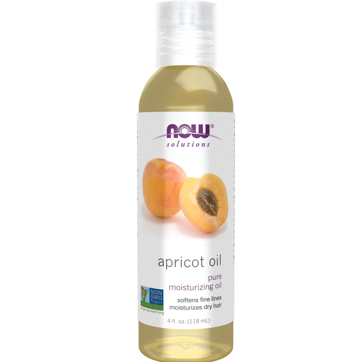 NOW Foods Apricot Kernel Oil bottle pour for skin hydration and hair softness.