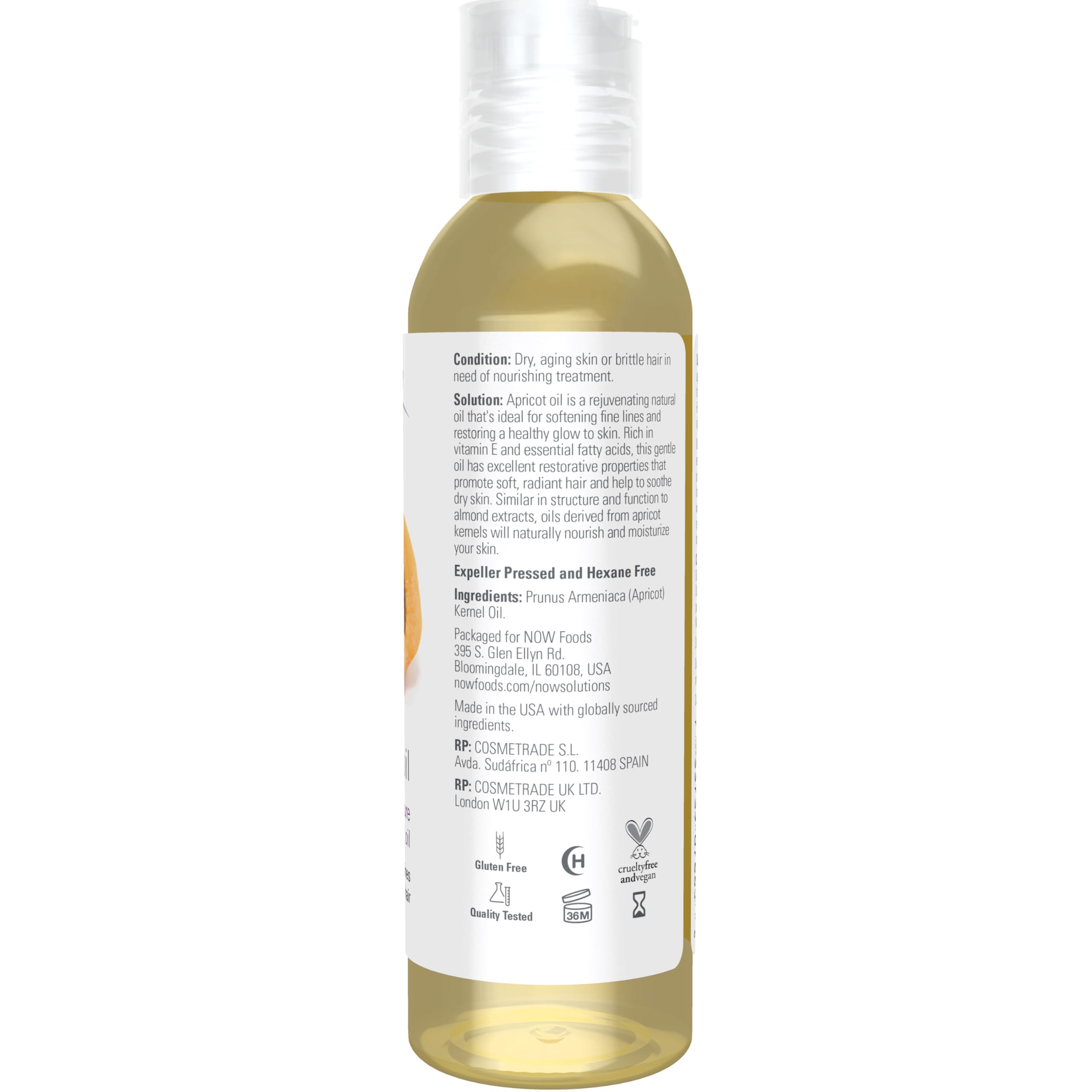 Close-up of NOW Foods Apricot Kernel Oil ingredients and purity.