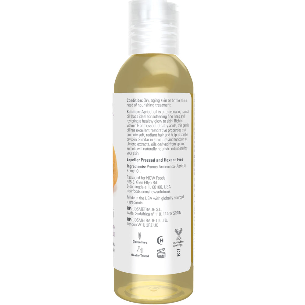 Close-up of NOW Foods Apricot Kernel Oil ingredients and purity.