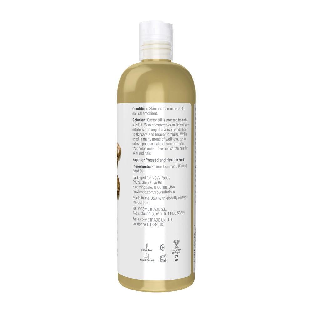 NOW Foods Castor Oil amber glass bottle highlights UV protection for longevity