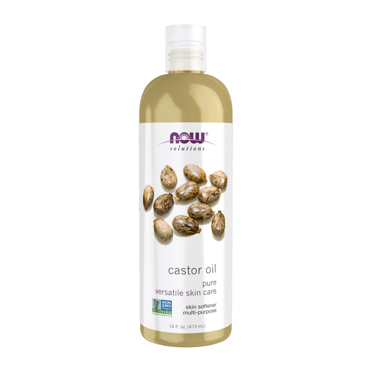 NOW Foods Castor Oil bottle closeup showing pure versatile skin care emollient