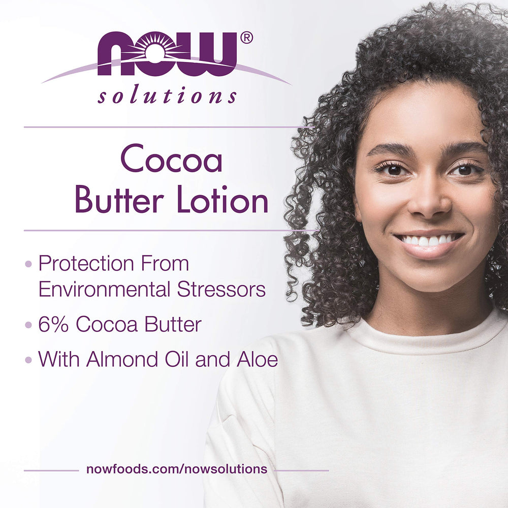 NOW Foods Cocoa Butter Lotion ingredients with Aloe and Almond Oil for soothing moisture.