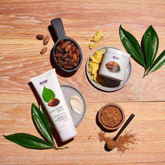 NOW Foods Cocoa Butter Lotion packaging highlights USA-made quality.