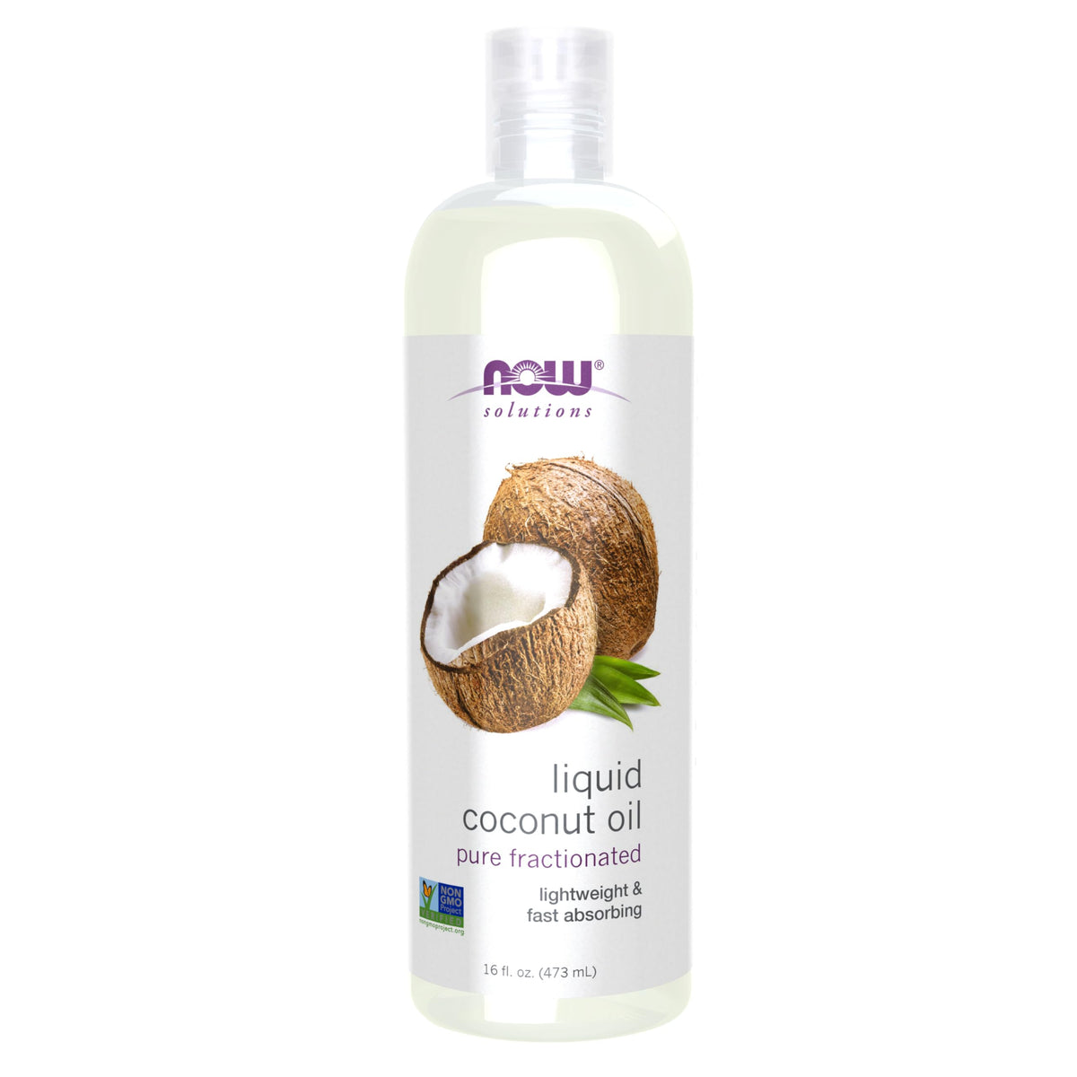 NOW Foods Liquid Coconut Oil bottle for light, non-greasy skin hydration.