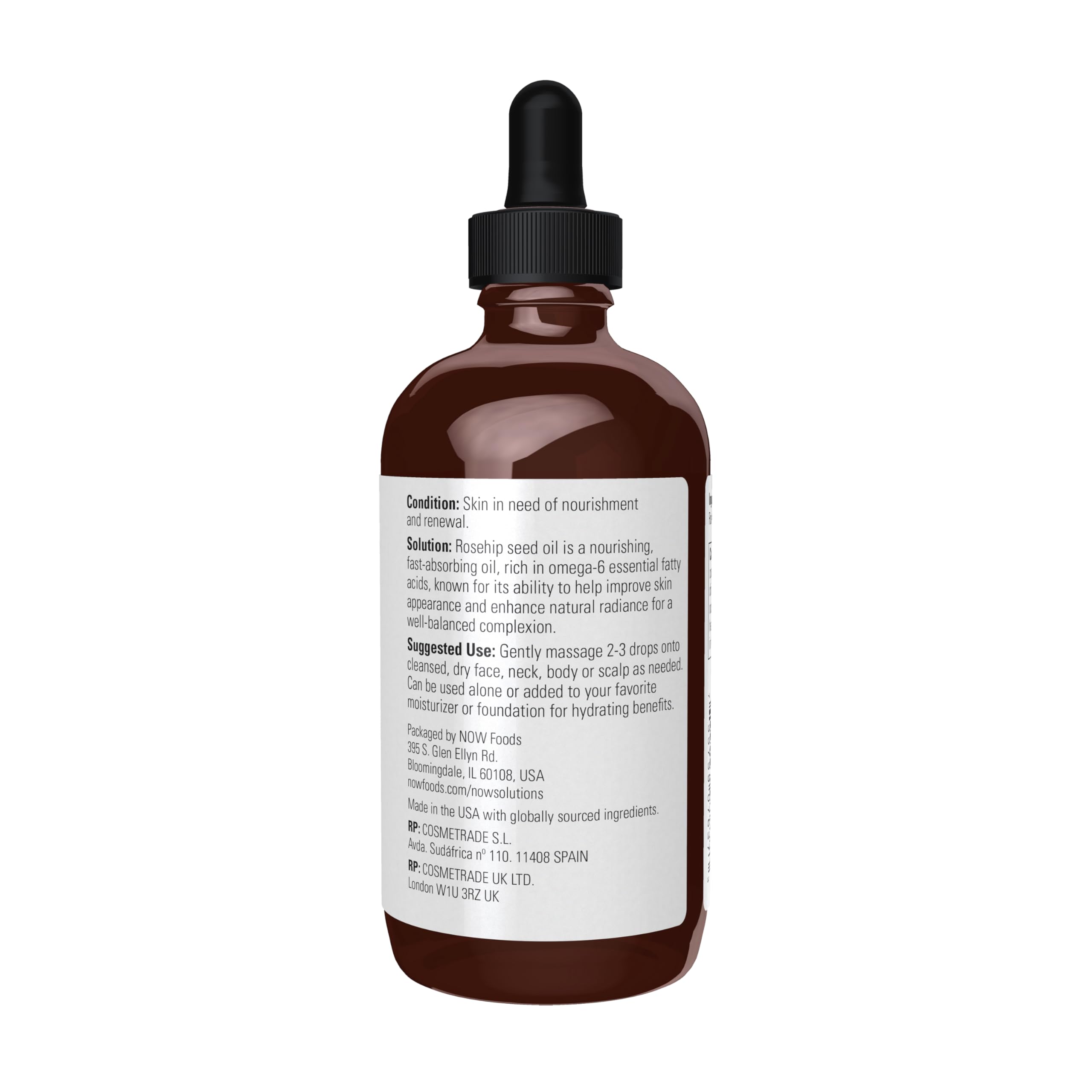 NOW Foods Rose Hip Seed Oil texture close-up shows fast-absorbing formula
