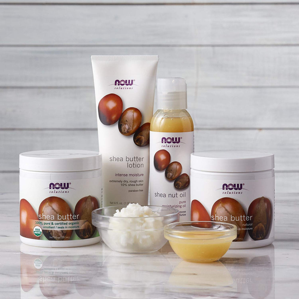 NOW Foods Shea Butter Lotion label highlights 10% shea butter formula