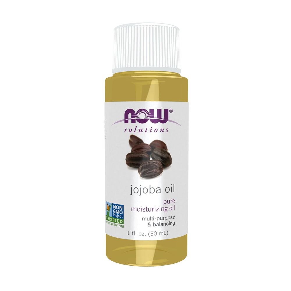 NOW Foods Jojoba Oil bottle—lightweight moisturizer for face, hair, and body.