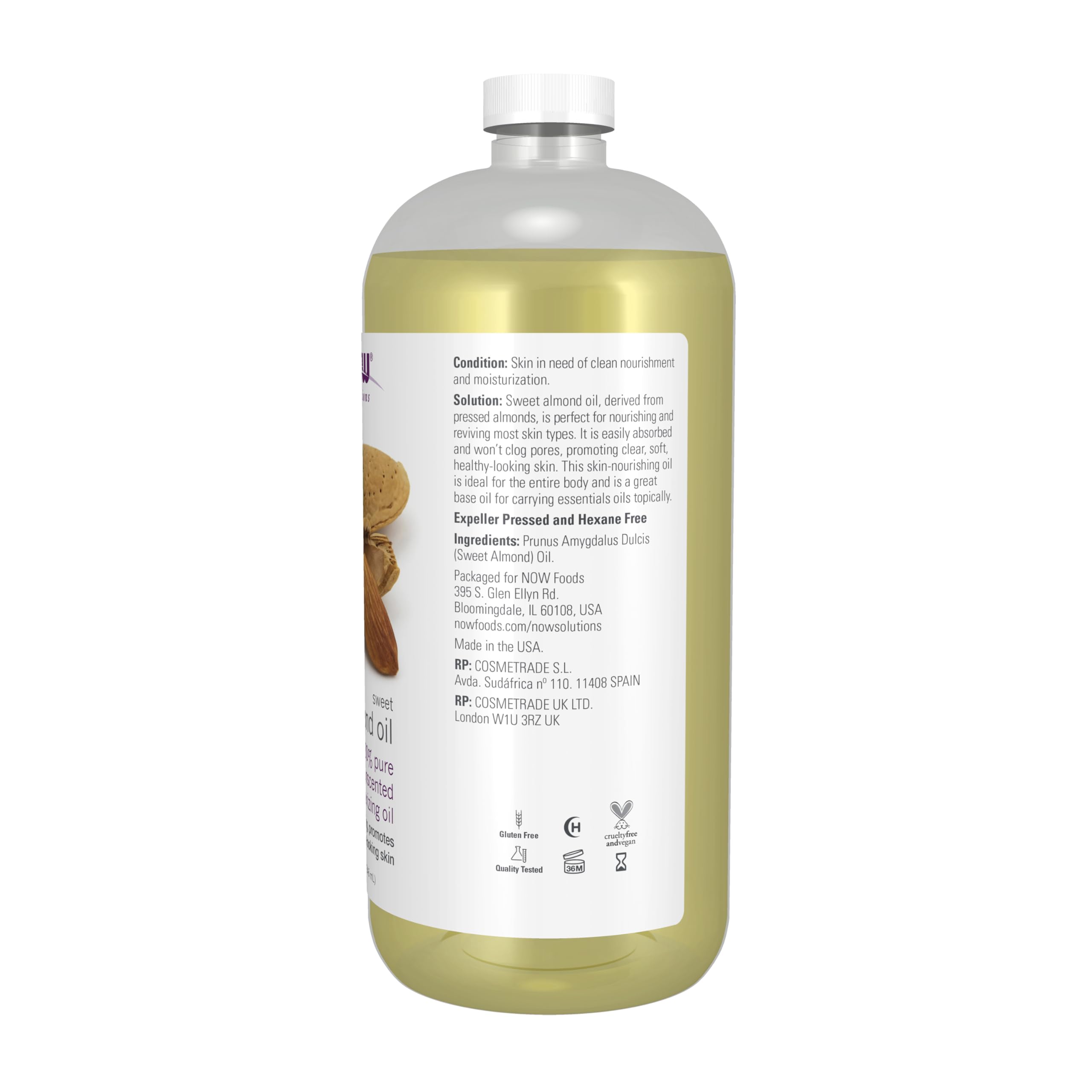 NOW Foods Sweet Almond Oil pouring, easily absorbed and non-greasy skin care