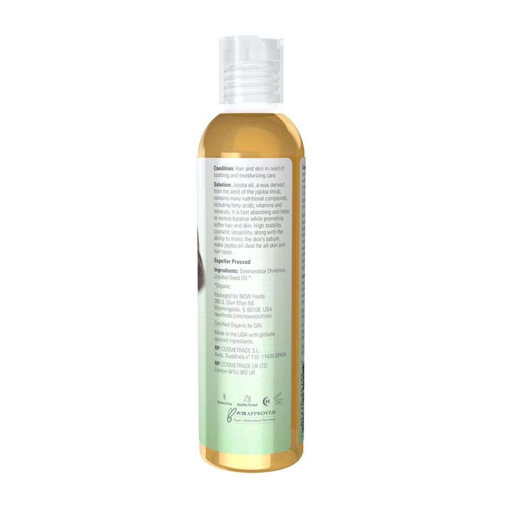 NOW Solutions Jojoba Oil dropper application for quick skin hydration.