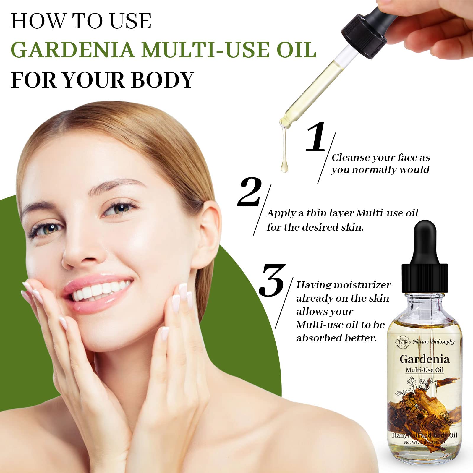 NP NATURES PHILOSOPHY Gardenia oil with jojoba and camellia blend showcased.