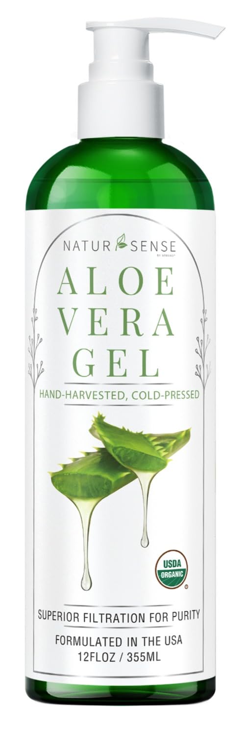 NTRSNS NaturSense Aloe Gel bottle highlighting USDA Organic certification for hydration.