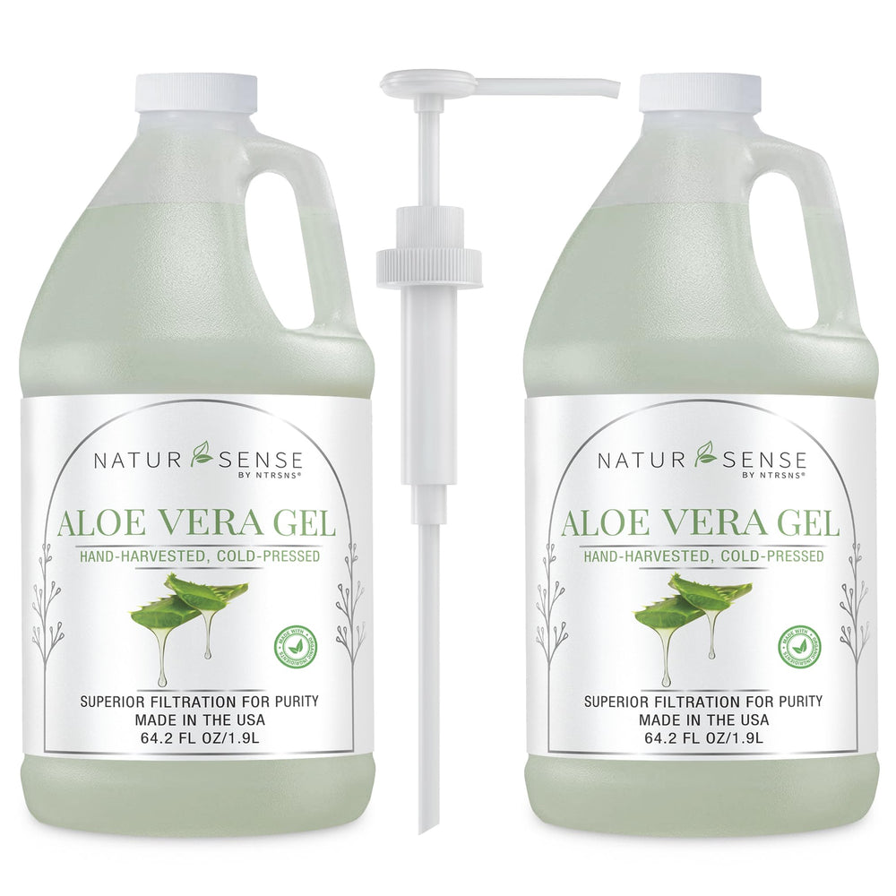 NTRSNS NaturSense Aloe Gel pump close-up showing organic formula for skin and hair