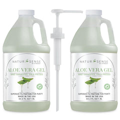 NTRSNS NaturSense Aloe Gel pump close-up showing organic formula for skin and hair