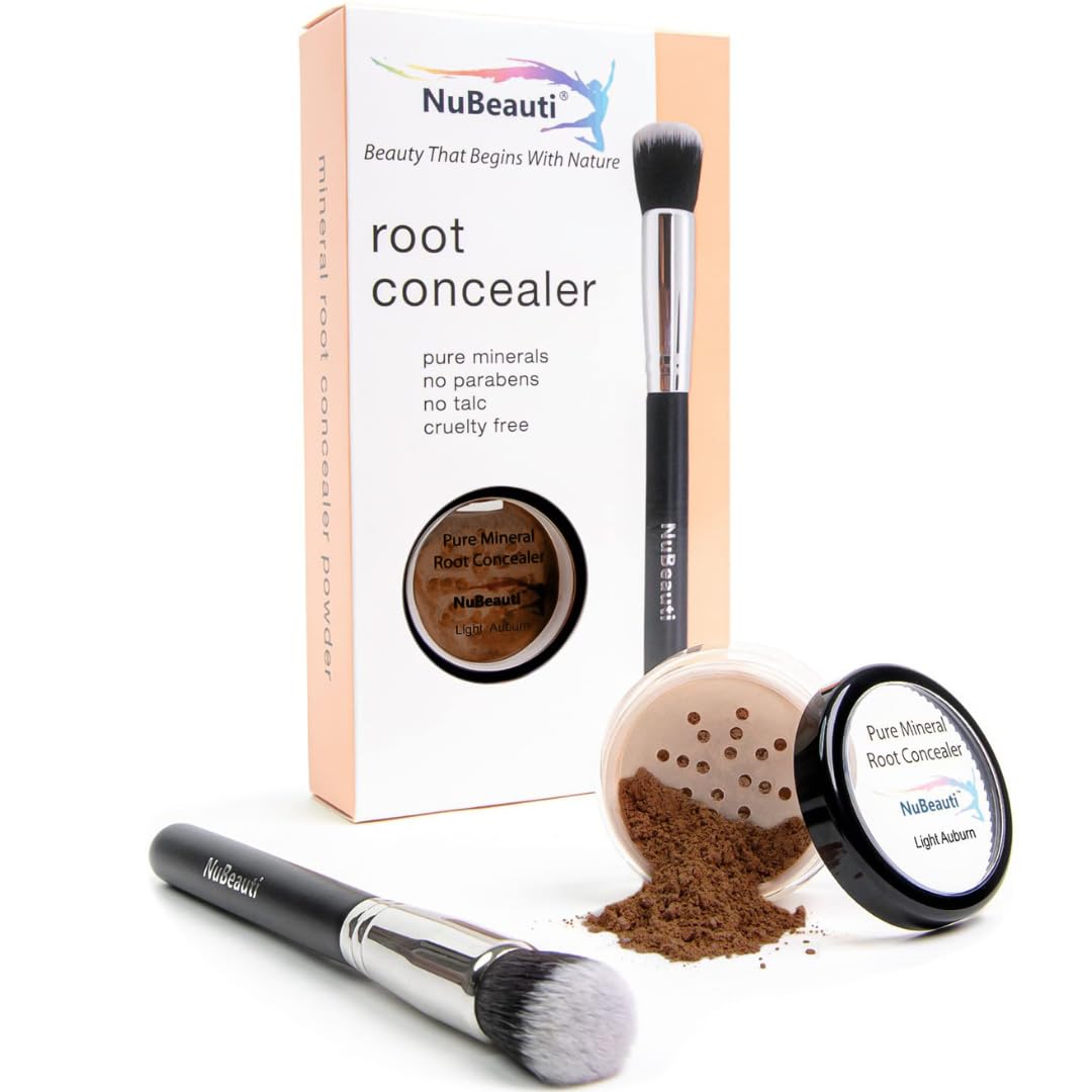 NuBeauti Hair Root Touch Up Powder Light Auburn brush application for seamless blend.