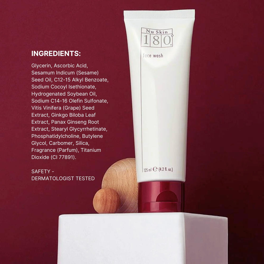 Nu Skin 180° Face Wash close-up shows premium packaging design.