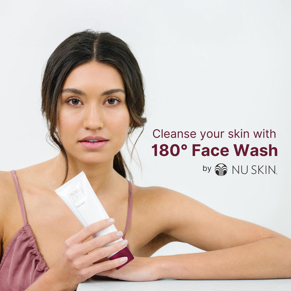 Nu Skin 180° Face Wash label shows vitamin C and antioxidant extracts.