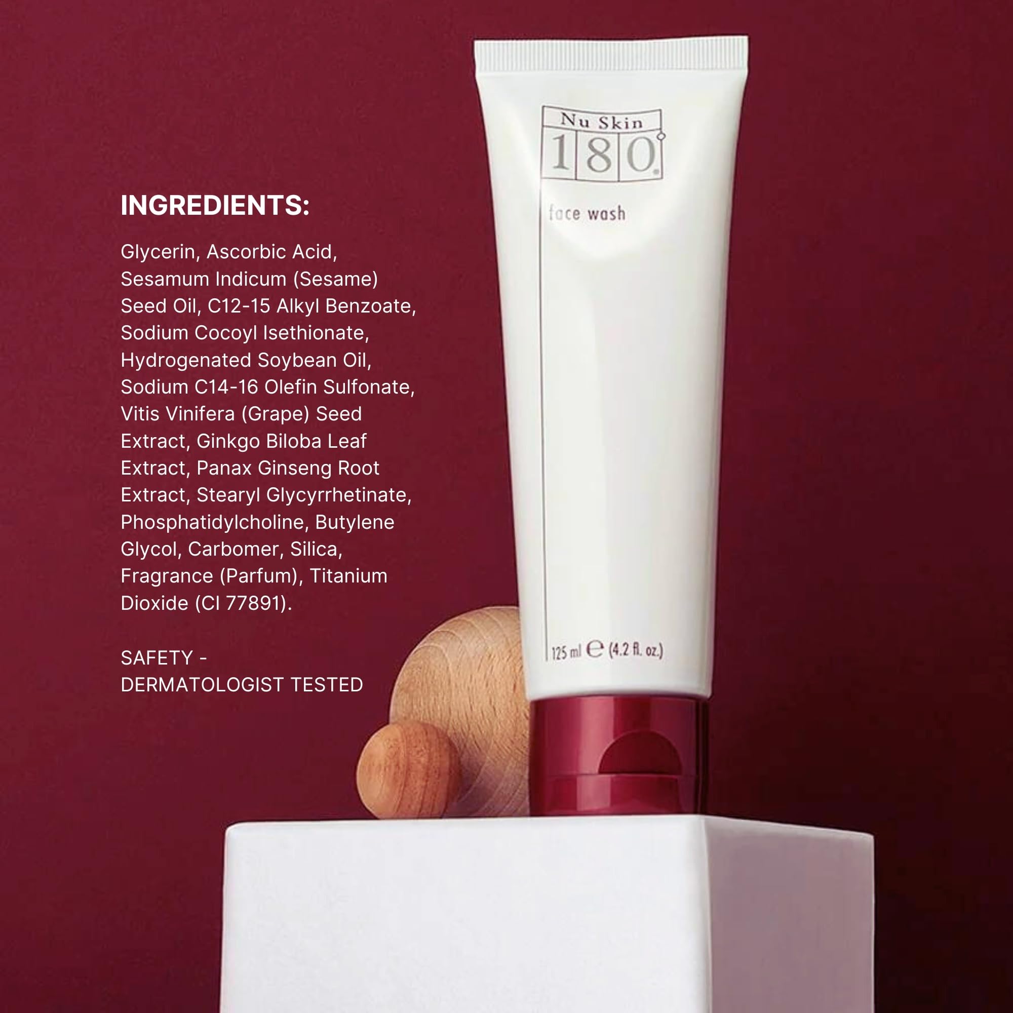 Nu Skin 180° Face Wash packaging held in hand for travel.