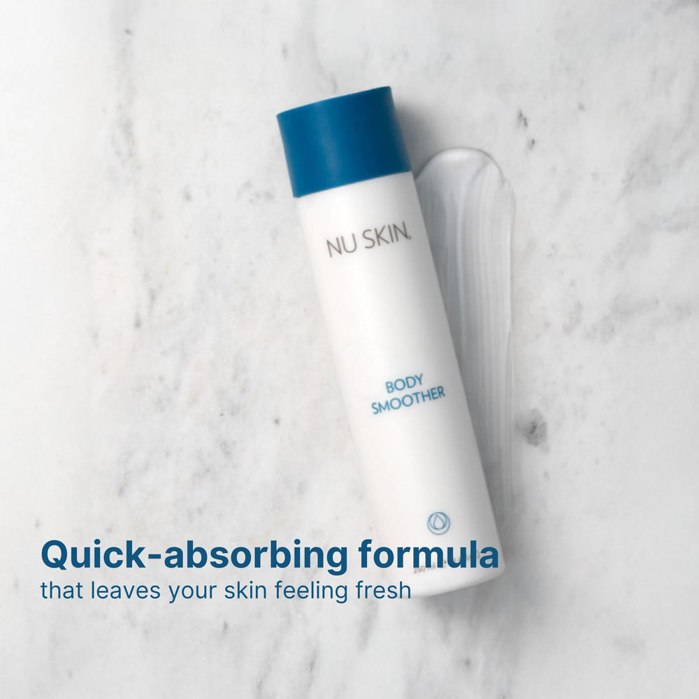 Nu Skin Body Smoother after-shower routine for lasting hydration.