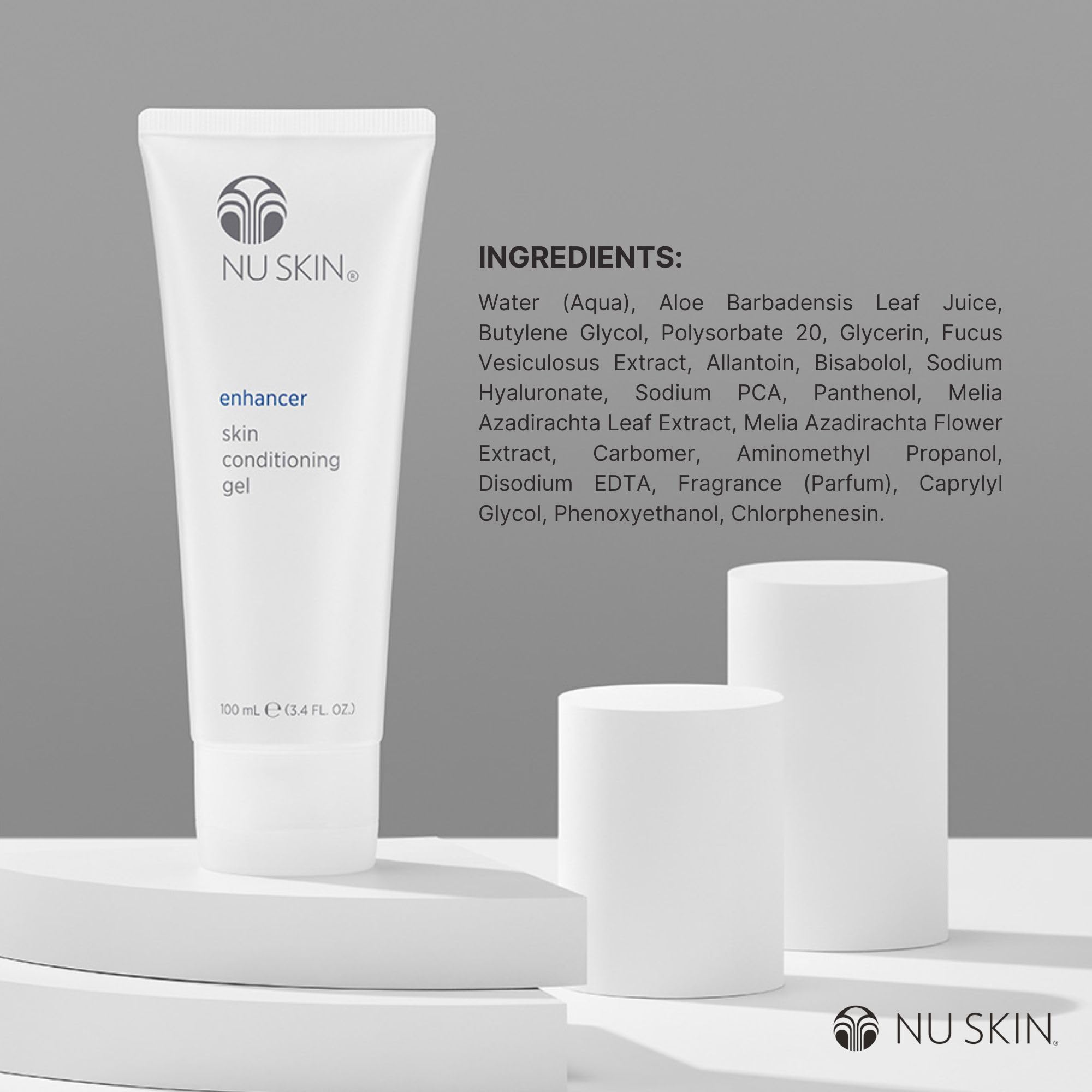 Compact Nu Skin bottle sits in a bathroom setup for on-the-go routines.