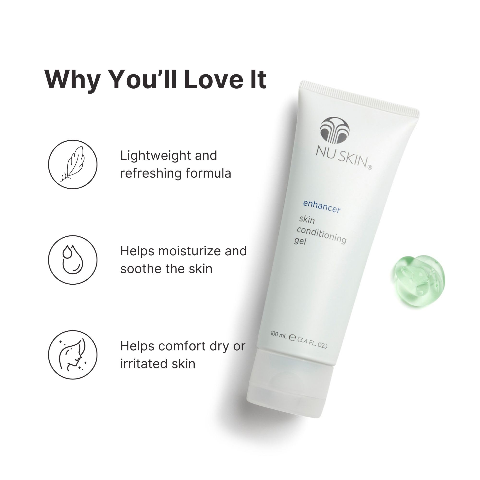 Nu Skin Enhancer Skin Conditioning Gel label highlights lightweight hydration for daily use.