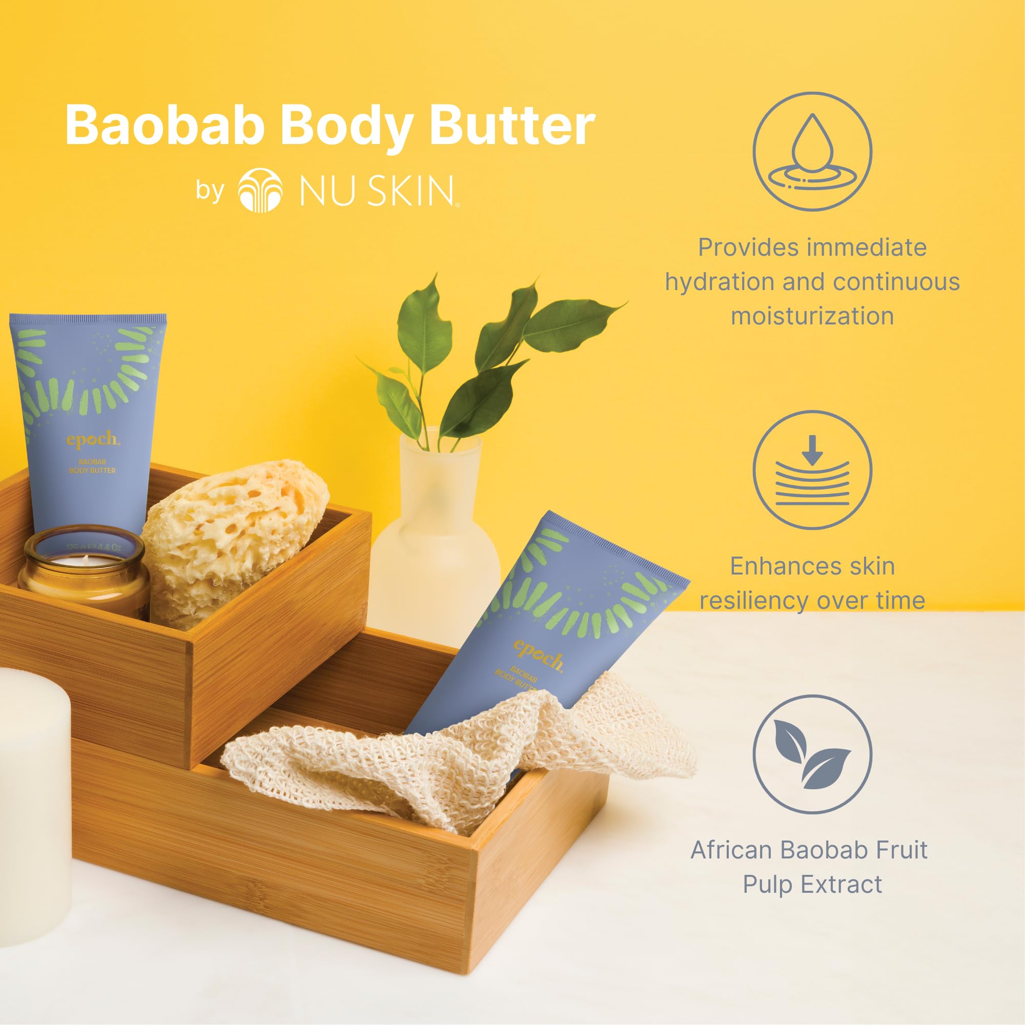 Nu Skin Epoch Baobab Body Butter packaging with Shea and Baobab ingredients