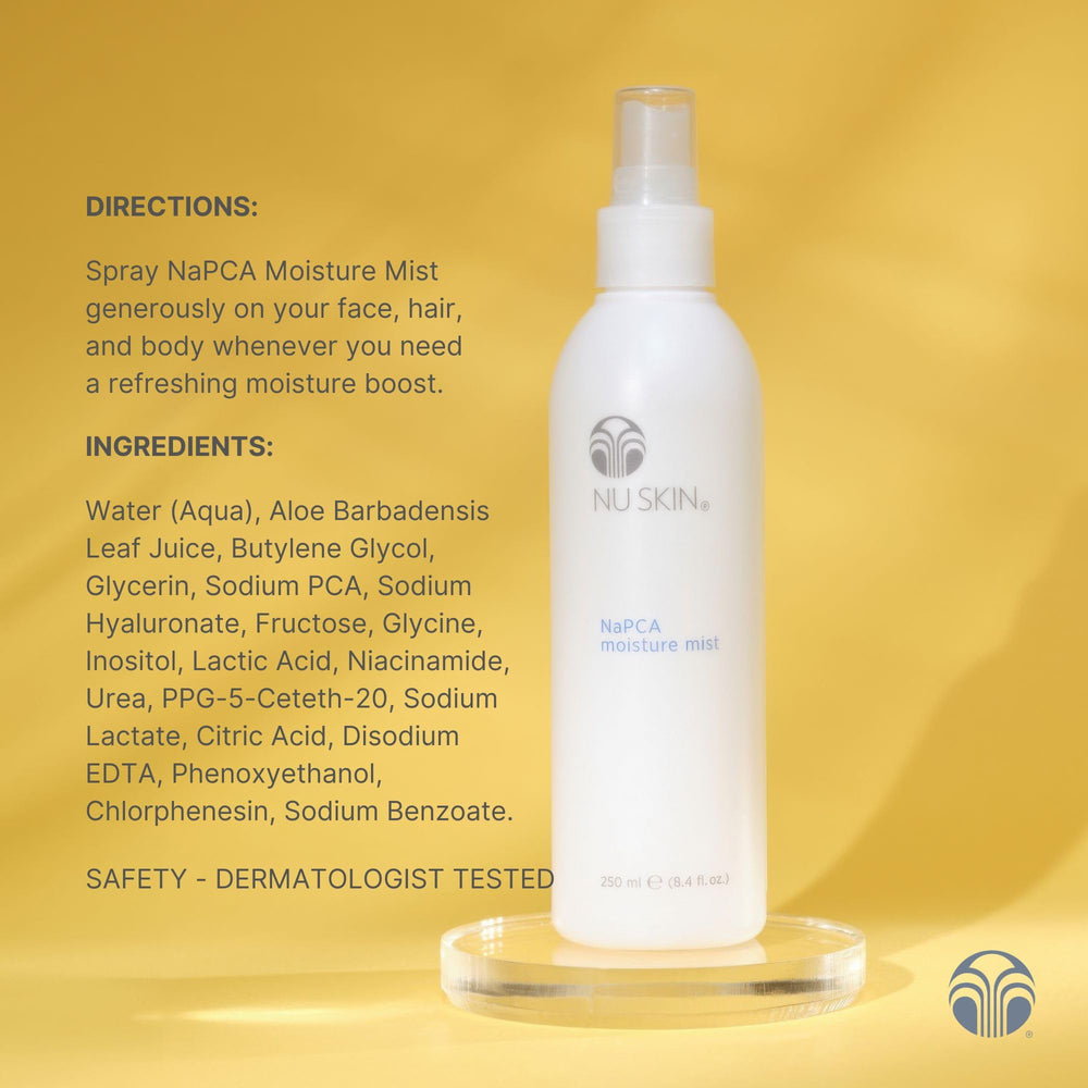 Close-up of Nu Skin NaPCA Moisture Mist label on the bottle