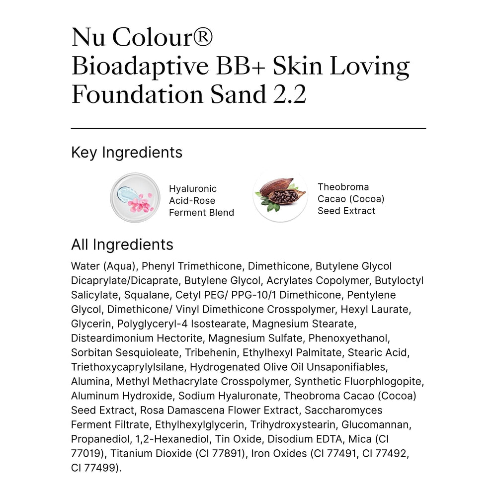 Nu Skin Nu Colour Bioadaptive BB+ Foundation Sand 2.2 swatch on skin delivers adaptive color and dewy finish.