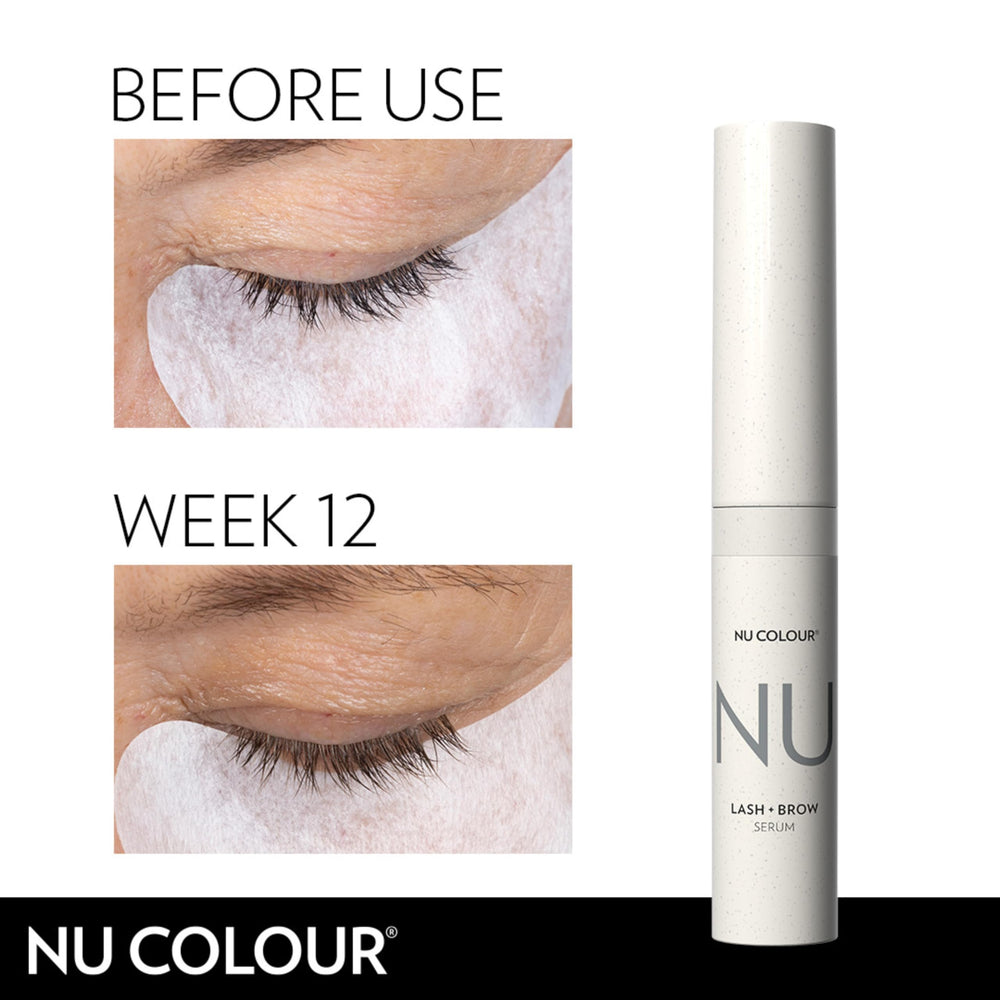 Nu Skin Nu Colour Lash + Brow Serum application demonstrates daily use.