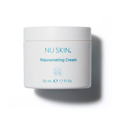 Nu Skin Rejuvenating Cream bottle closeup highlighting hydrating formula for dry skin.