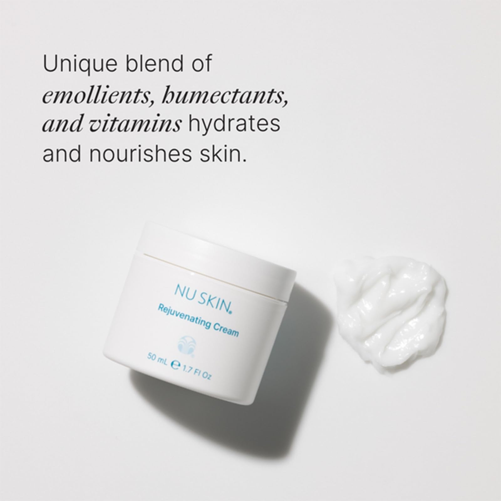 Nu Skin Rejuvenating Cream dispenser closeup showing smooth, quick-absorbing texture.