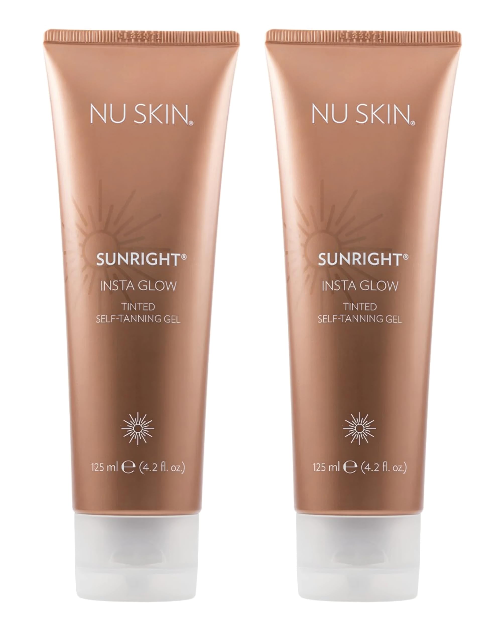 Nu Skin Sunright Insta Glow Self Tanner Gel bottle pour showing quick, even application for natural tan