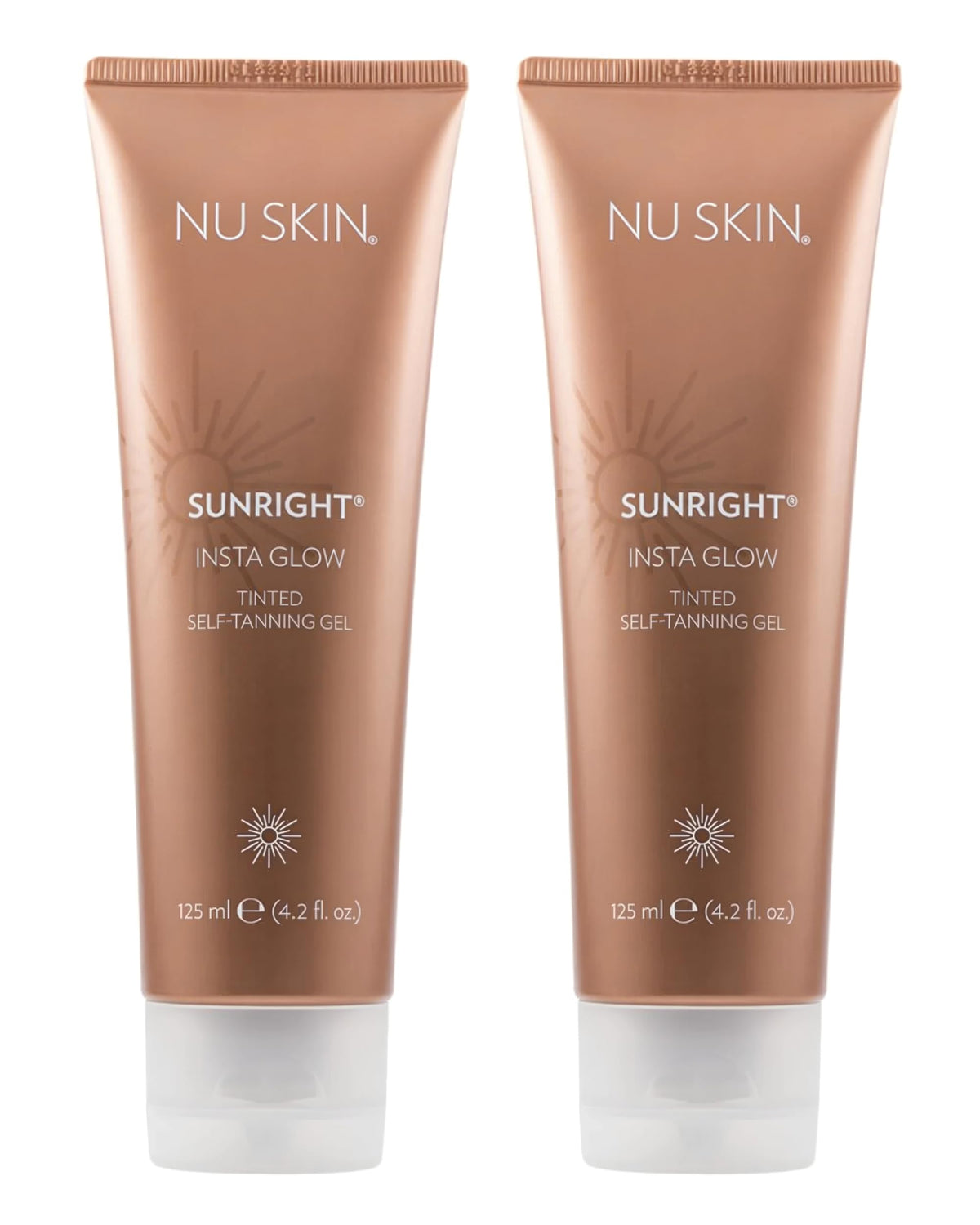Nu Skin Sunright Insta Glow Self Tanner Gel bottle pour showing quick, even application for natural tan