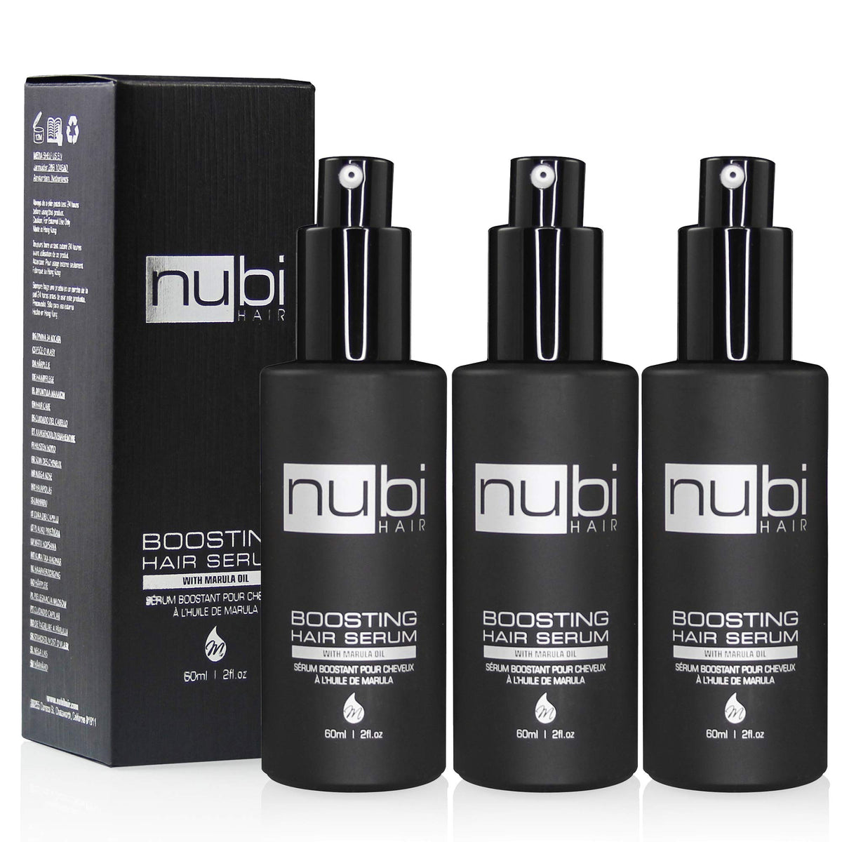 Nubi Hair Silky Smooth Serum bottle pour shows lightweight, non-greasy shine for hair.