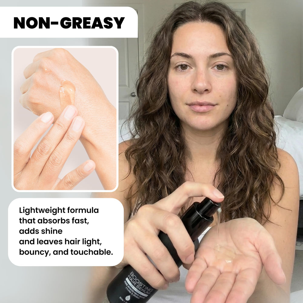 Nubi Hair Silky Smooth Serum applied to shiny hair, enhancing gloss.