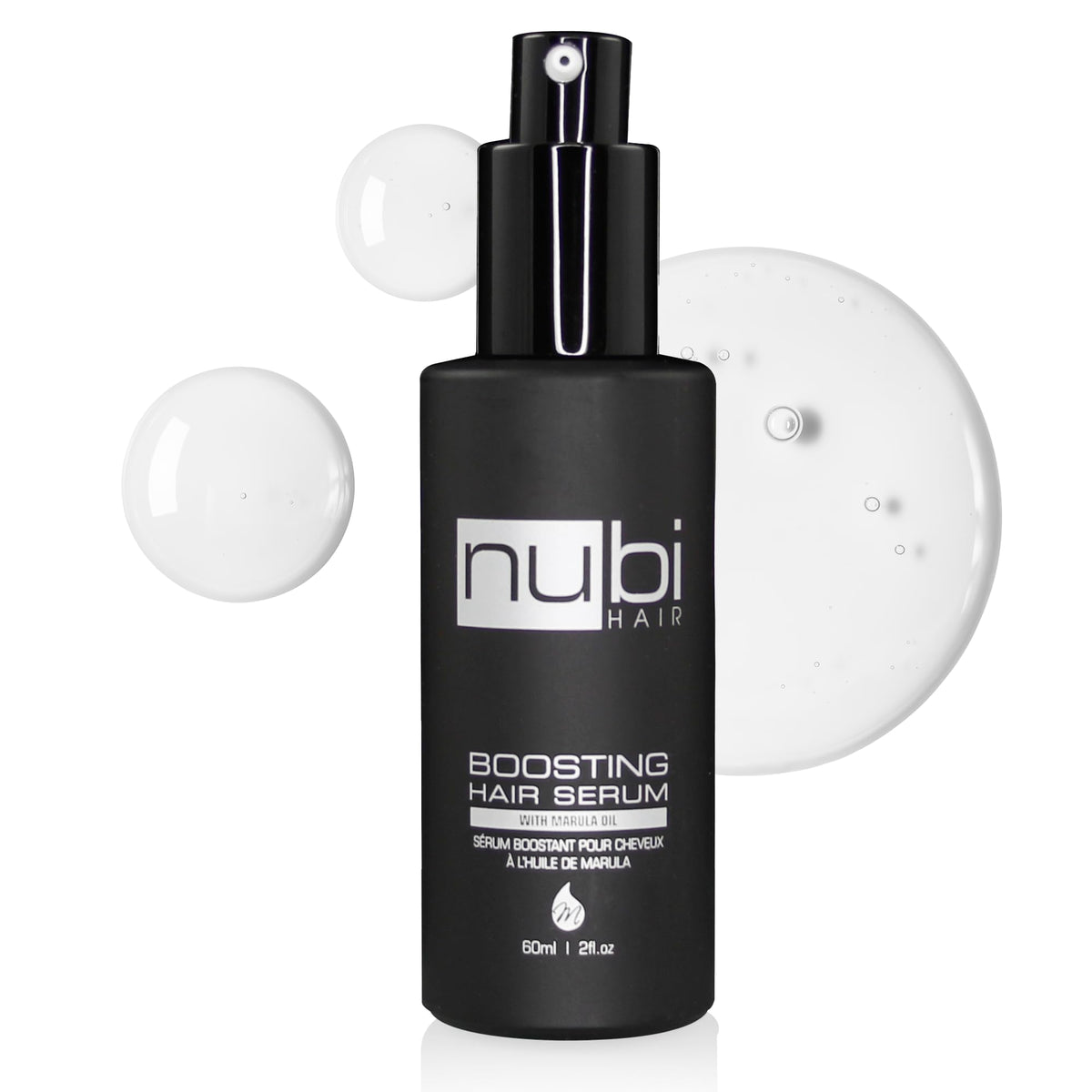 Nubi Hair Marula Anti Frizz Serum bottle demonstrates frizz control and shine