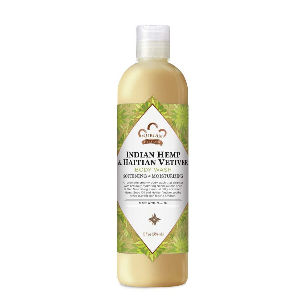 Nubian Heritage body wash bottle close-up showing natural ingredients and nourishing formula