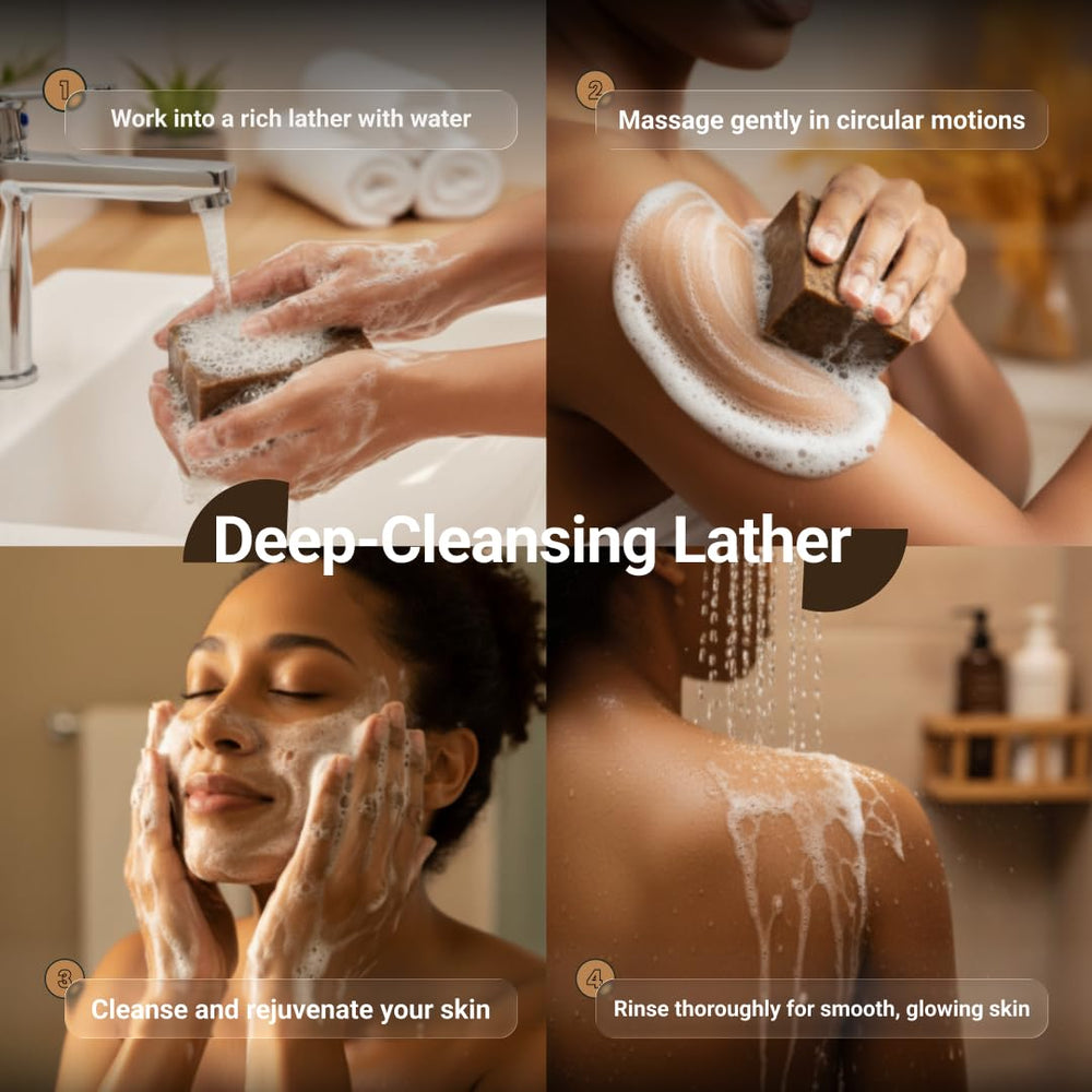Nubiana authentic Ghana soap texture close-up highlights natural ash.