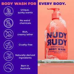 Nudy Rudy Berrylicious bar soap on display highlights a creamy, lasting cleansing experience