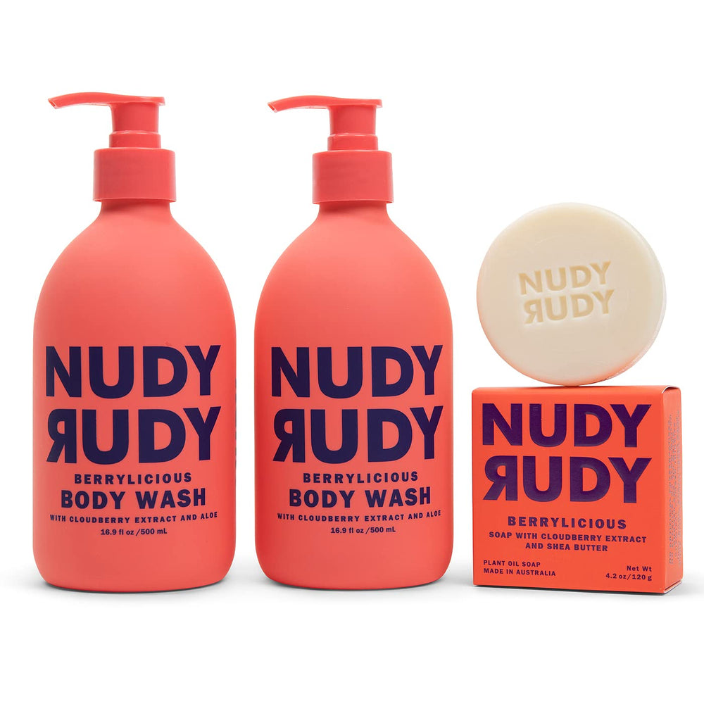 Nudy Rudy Berrylicious bottle pour shows rich lather for a refreshing morning wash