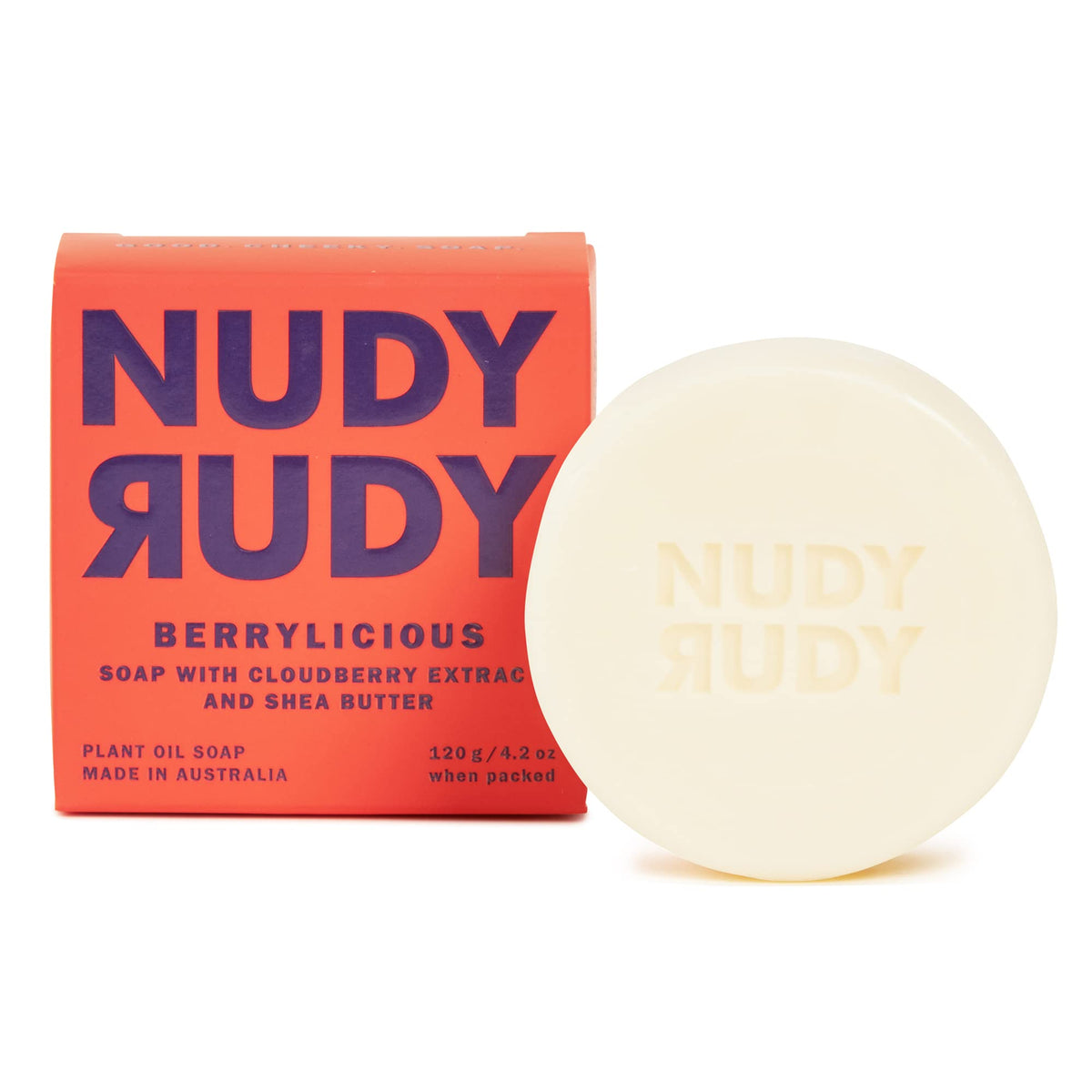 Nudy Rudy Berrylicious Soap Bar Puck close-up — creamy lather formation and berry scent.