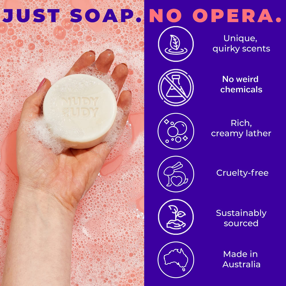 Nudy Rudy Berrylicious Soap Bar Puck in hands for face and body cleansing.