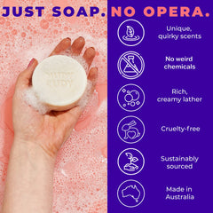 Nudy Rudy Berrylicious Soap Bar Puck in hands for face and body cleansing.