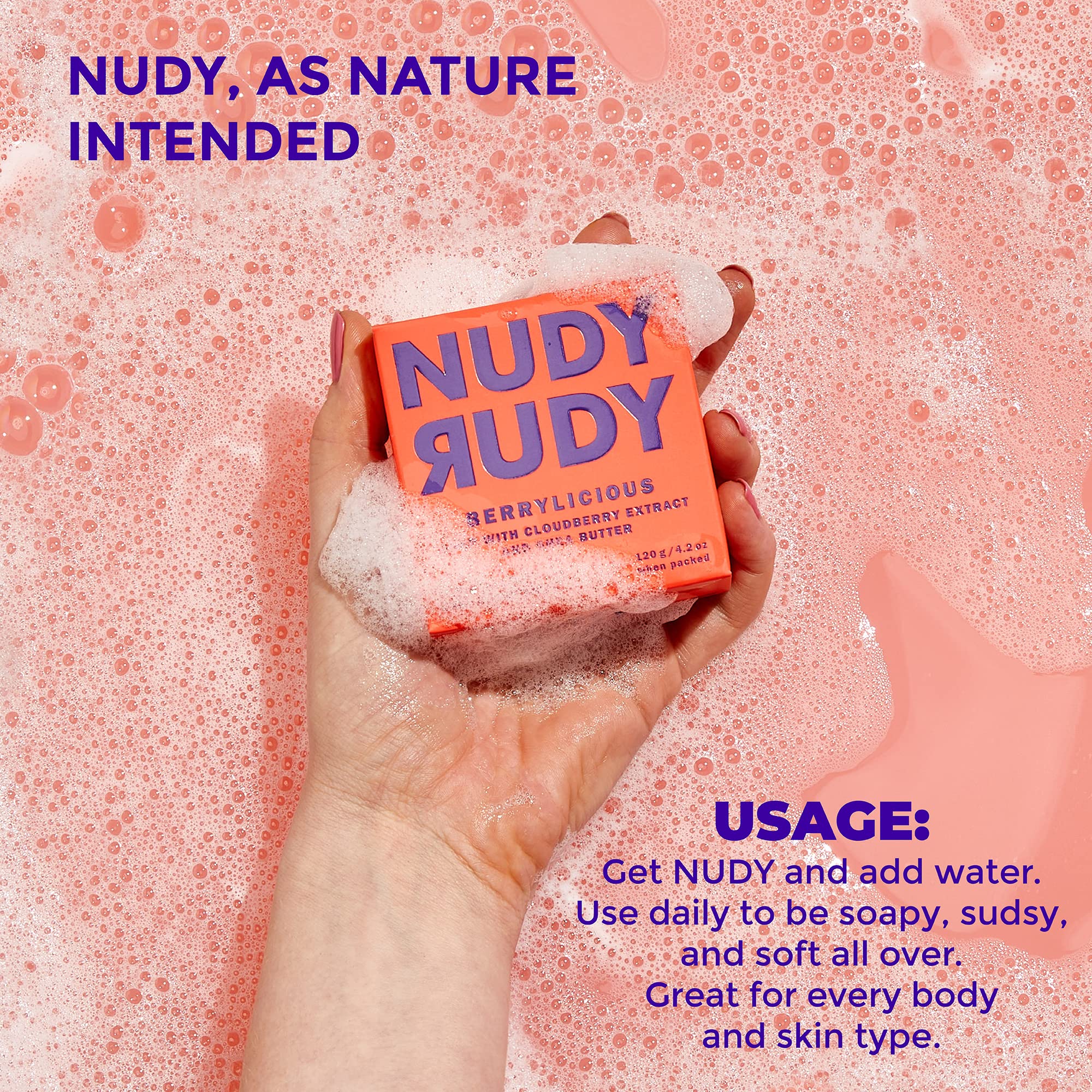 Nudy Rudy Berrylicious Soap Bar Puck under running water shows easy rinse.