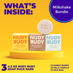 Nudy Rudy Milk Bar close-up illustrating goat milk lather for gentle cleansing