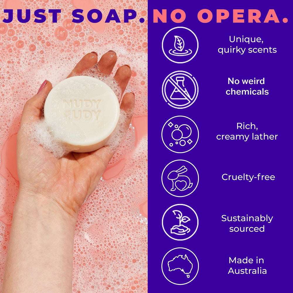 Nudy Rudy Organic African Shea Butter cleanses gently for sensitive skin.