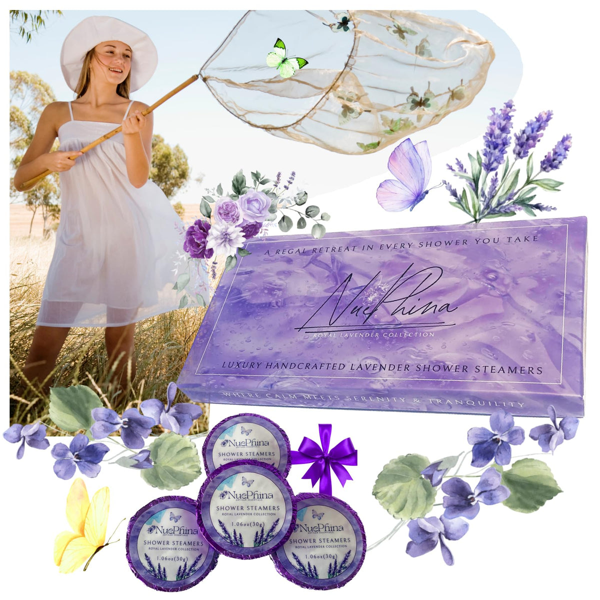 NuePhina Premium Lavender Shower Steamers in a gift box for spa-like scent.