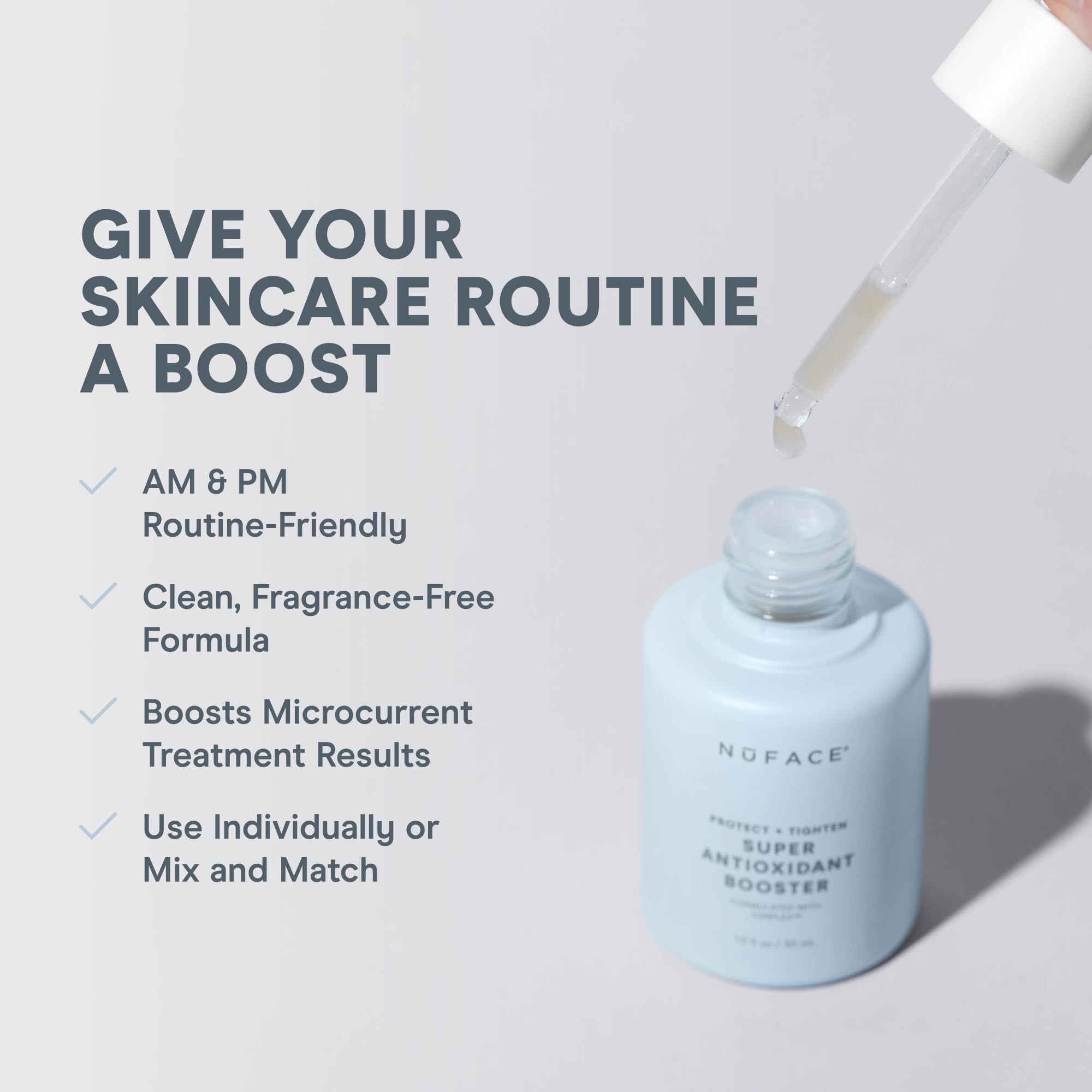 NuFACE Antioxidant Serum application drop close-up highlights fast-absorbing formula