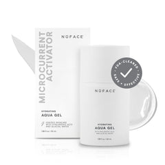 NuFACE Aqua Gel Activator bottle closeup for hydrating microcurrent sessions