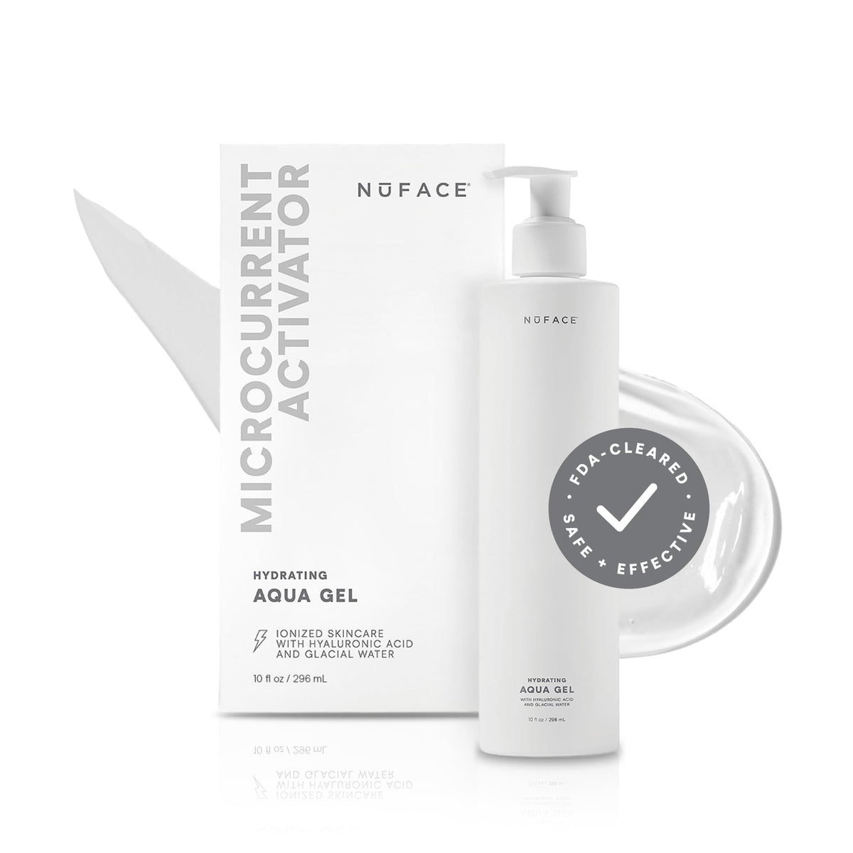 NuFACE Aqua Gel Activator bottle pour enables smooth, even distribution for consistent microcurrent conduction.